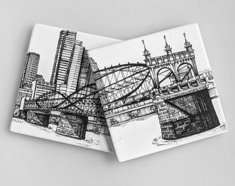 Smithfield Street Bridge | Sandstone Coaster set | pen and ink artwork by KLoRebel