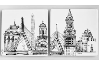 Boston Landmarks | Sandstone Coaster set | Pittsburgh pen and ink artwork by KLoRebel