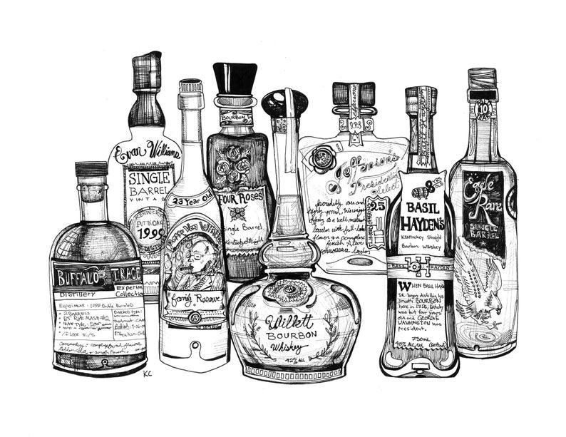 Hand-drawn bar art bottle drawing of Top Shelf Bourbon | Etsy