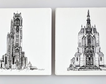 Cathedral Of Learning + Heinz Chapel-Coasters | Sandstone Coaster set | Pittsburgh pen and ink artwork by KLoRebel