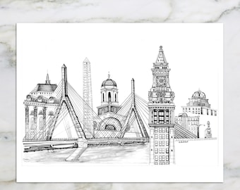 May include: A black and white line drawing of the Boston skyline, featuring the Zakim Bunker Hill Bridge, the Old State House, and the Custom House Tower.