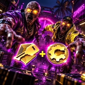 Puede incluir: Dos zombis con ojos amarillos brillantes se extienden hacia adelante en una ciudad iluminada por luces de neón. Uno viste una chaqueta morada, el otro una sudadera con capucha amarilla y gorra. Un icono de llave dorada y un engranaje dorado con un signo más.
