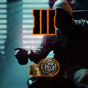 Könnte beinhalten: Das Bild zeigt das Call of Duty: Black Ops III-Logo, Goldmünzen und eine Person in einer Kapuzenjacke. Das Logo ist ein schwarzes Rechteck mit drei vertikalen orangefarbenen Balken. Die Münzen haben ein schwarz-goldenes Design mit den Zahlen 2, 5, 1 und 4.