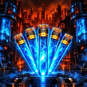 May include: Five glass test tubes arranged in a fan shape, each filled with a glowing blue liquid containing bubbles and swirling vapor. The tubes feature gold-colored metal bands and cork stoppers, set against a dark, fiery city background.