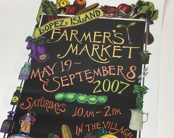 Farmer's Market Poster, 2007 Lopez Island Farmer's Market Original Art Signed Print, Lopez Island Farmer's Market, garden collage poster