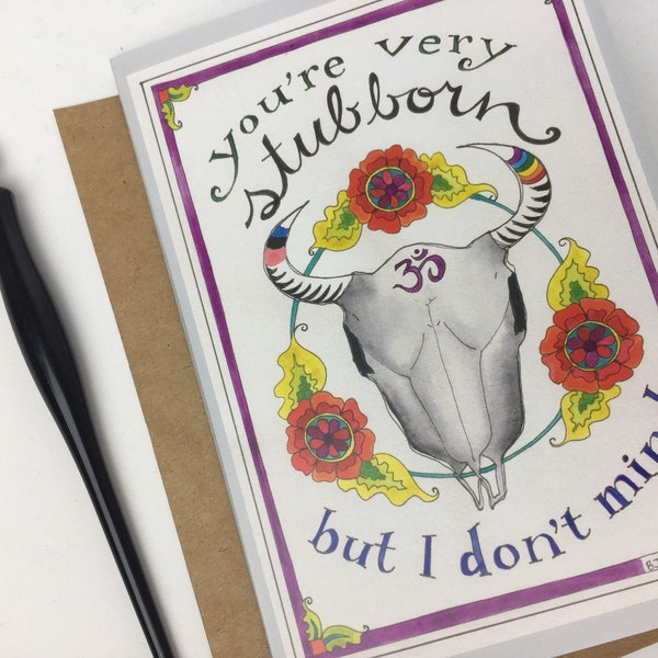Stubborn Cards 4-pack, bull skull Cards, large folded greeting cards & envelopes, blank art card set of 4 , original art cards
