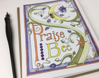 Praise Bee folded cards 4-pack, prayer cards, large folded greeting cards/envelopes, blank art card set of 4 , original art cards