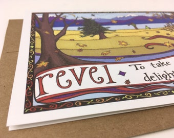 Revel cards 4-pack, fall/winter holiday large folded greeting cards & envelopes, blank Revel card set of 4, original art cards