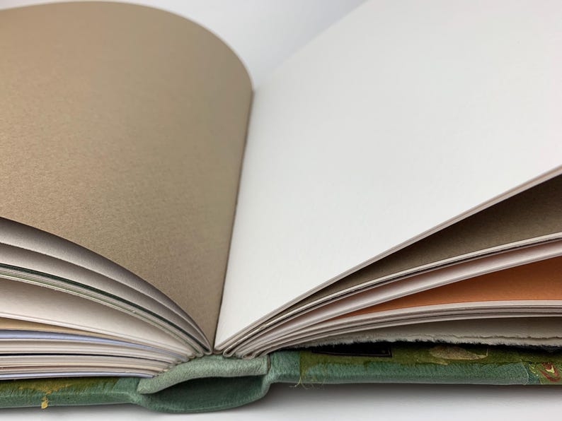 May include: An open book with a green textured cover and multiple pages in alternating colours of white, light brown, and a soft peach tone. The binding is visible at the centre, showing the stack of paper sheets fanned out from the spine.