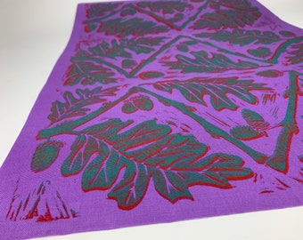 hand-printed bookcloth, Oak print on purple bookcloth, one of a kind bookbinding supply