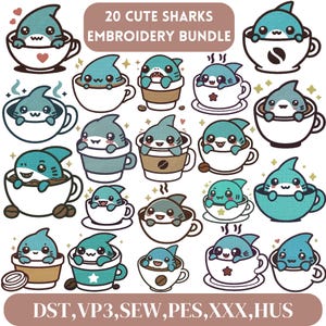 Shark Embroidery Design, Cute Shark Embroidery, Shark in cup Embroidery, Shark Applique Embroidery, Sea animals, Machine embroidery Design
