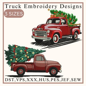 Christmas Truck Embroidery Design, Merry Christmas Truck Embroidery Design, Vintage Red Car Christmas, Tree Embroidery, Machine Embroidery