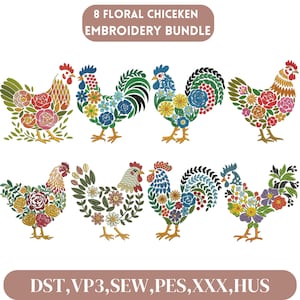 Floral Rooster Embroidery Design, Colorful Rooster Embroidery, Rustic Chicken Embroidery, Farmhouse Decor, Machine Embroidery Design