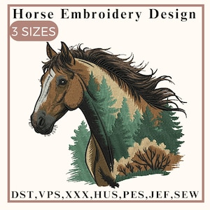 Horse Embroidery Design, Horse Head Embroidery, Wild Horse Embroidery, Horse and Trees, Horse Design, Machine embroidery design