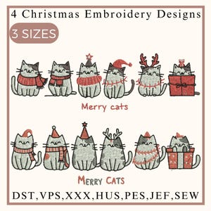 Bordado de Natal Meowy, Design de Bordado de Gato de Natal, Bordado de Gato, Bordado de Feliz Natal, Bordado de Gatinho, Bordado de Máquina