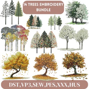 Puede incluir: Un paquete de bordado con 14 diseños de árboles en varios estilos y colores. Los diseños incluyen representaciones detalladas de árboles con diferentes follajes, incluyendo hojas de otoño y árboles de hoja perenne. El texto "14 TREES EMBROIDERY BUNDLE" se muestra en la parte superior.