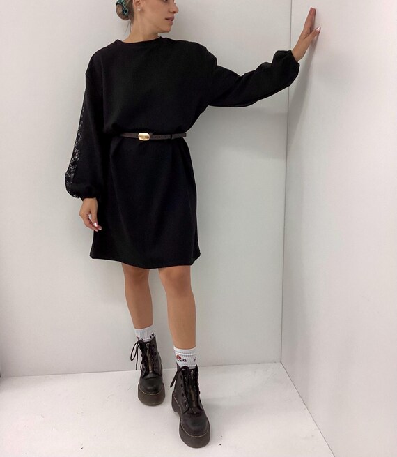 Handmade Black Lace Noir Sweatshirt Dress, One-Size, 100% Cotton, Tharw 2025