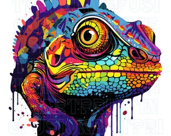 May include: A colorful, abstract illustration of a chameleon's head. The chameleon is rendered in a vibrant palette of blues, greens, yellows, oranges, and reds. The image has a paint-splattered effect, giving it a dynamic and artistic feel.