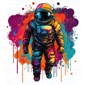 May include: A colorful illustration of an astronaut in a space suit, with a background of colorful paint splatters and drips.