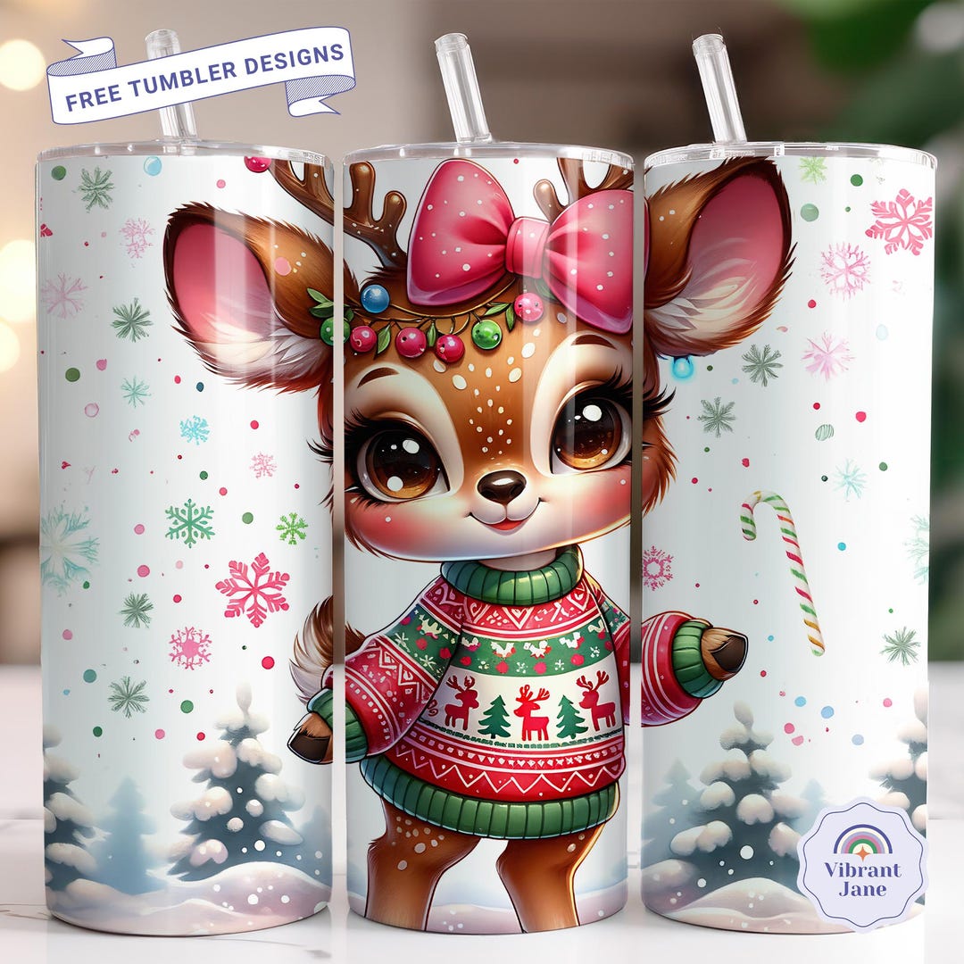 Cute Christmas Reindeer 20oz Skinny Tumbler Wrap PNG Sublimation Design ...