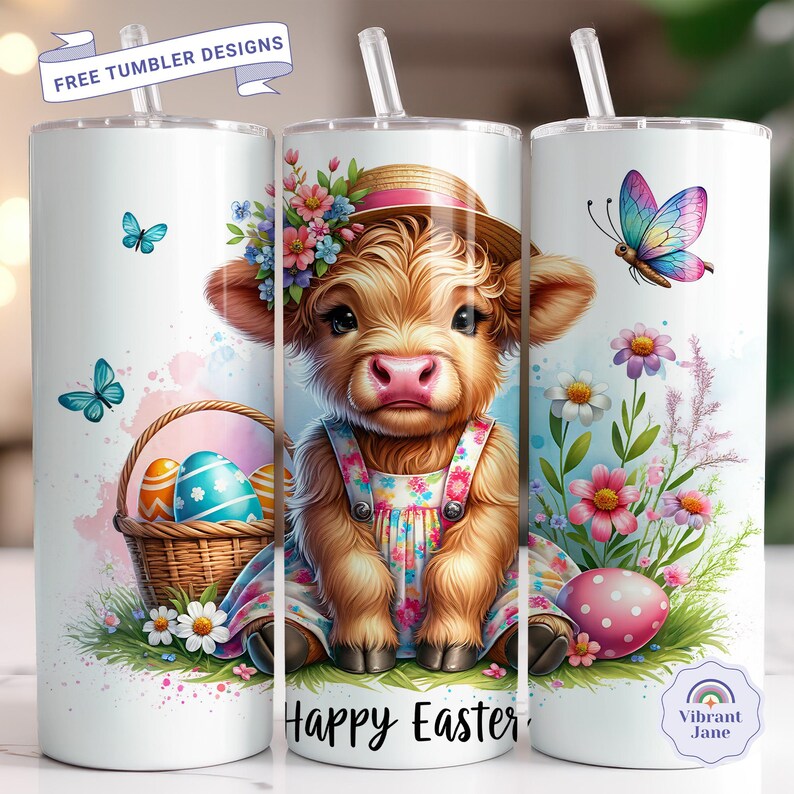 Easter Baby Highland Cow 20oz Skinny Tumbler Wrap PNG, Seamless ...