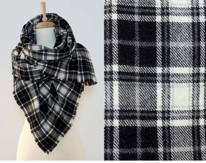 Wool Blanket Scarf Black White Checkered Tweed Shawl Menzies Tartan