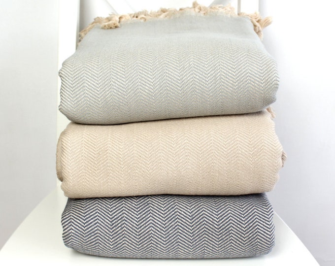 Woven Cotton Bed Blanket Cover Boho Bedspread Beige Grey Herringbone