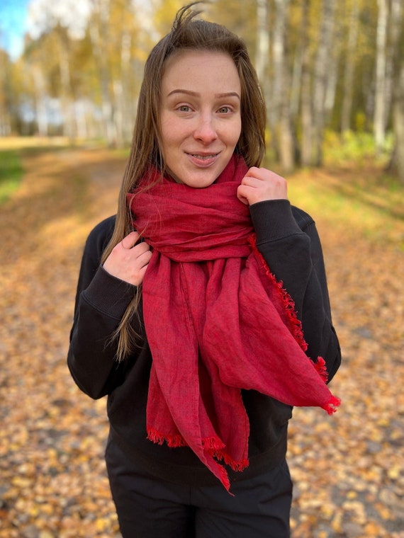 Linen Scarf for & Women Burgundy Red Natural - Etsy