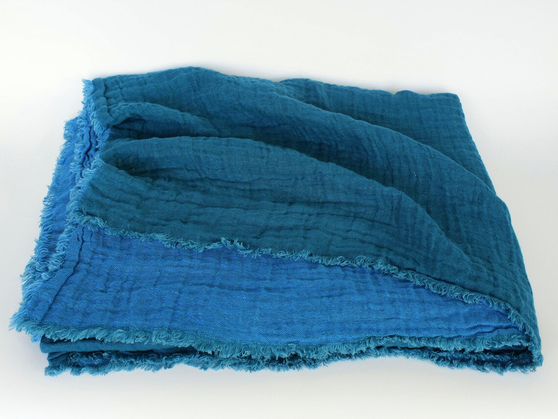 Linen Gauze Throw Blanket Reversible Blue Linen Blanket Etsy