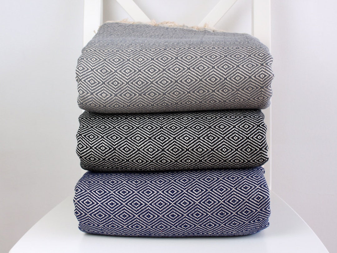Queen Cotton Blanket Diamond Pattern Woven Picnic Throw Etsy