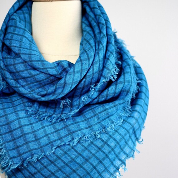 Blue Linen Scarf for Men Checkered Square Scarf 100 Flax Etsy