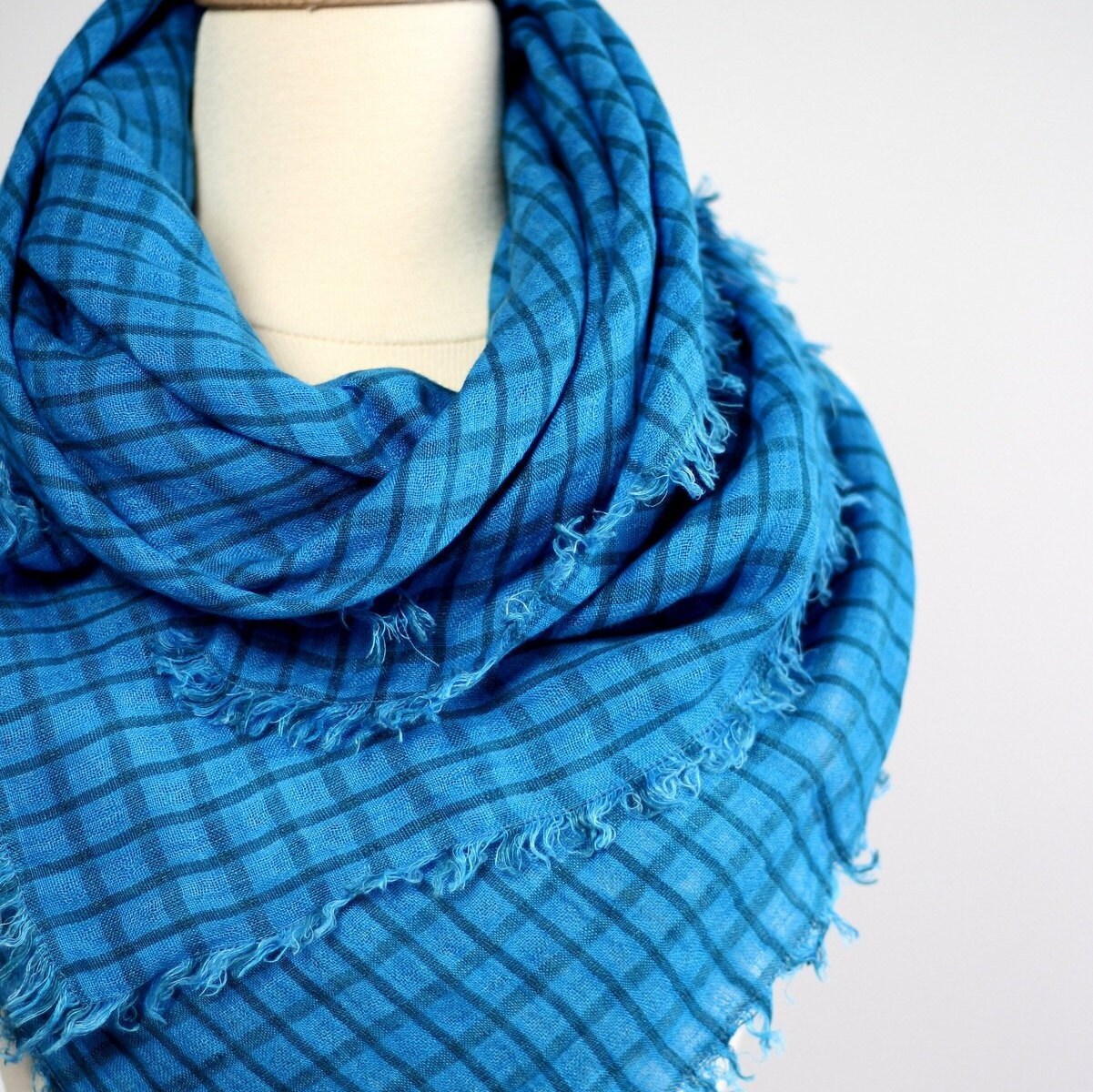 Blue Linen Scarf for Men Checkered Square Scarf 100 Flax Etsy