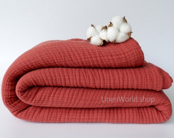 Brick Red Soft Cotton Blanket - Double Gauze Blanket & Bedspread - Muslin Throw Blanket - Pure Cotton Gauze Coverlet - Boho Bed Blanket