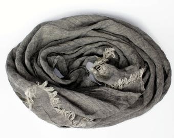 Grey Linen Scarf. 100% Linen Mens Scarf. Pure Linen Womans Scarf. Lightweight Long Large Natural Flax Scarf Dark Grey. Gift Him Boyfriend