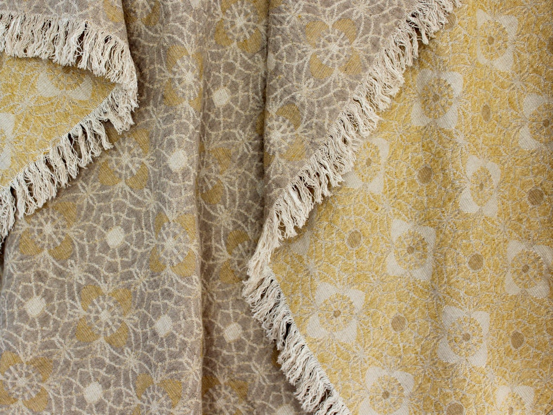Linen Blanket Throw / Bedspread Grey Mustard Yellow Flower Etsy