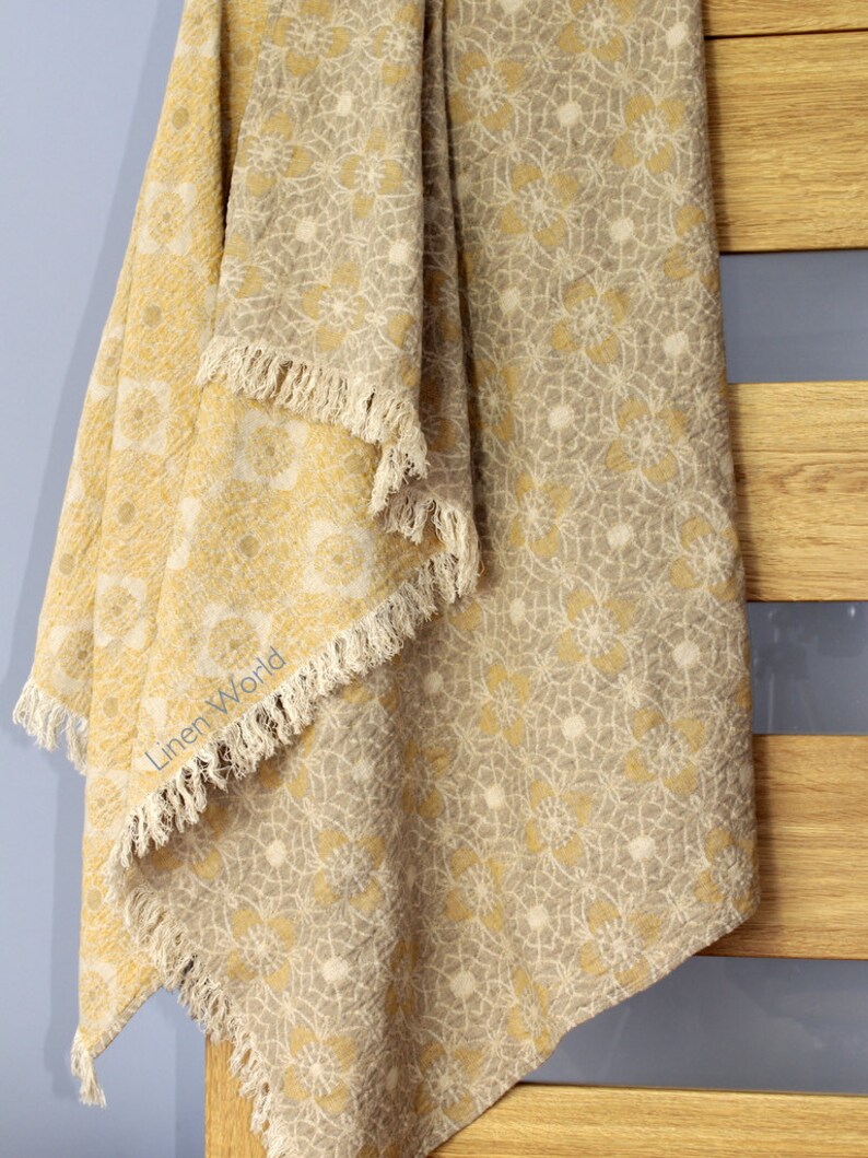 Linen Blanket Throw / Bedspread Grey Mustard Yellow Flower Etsy