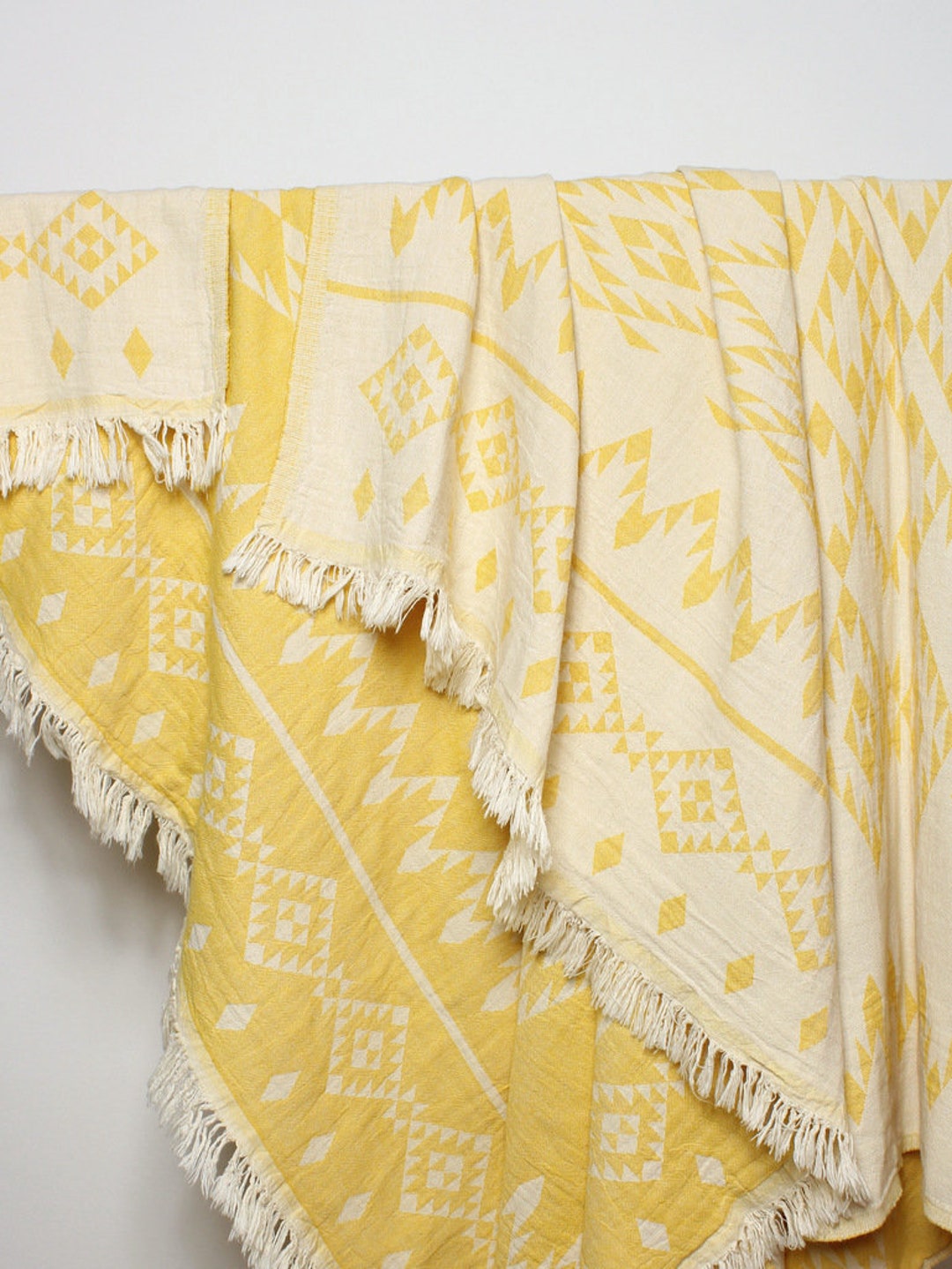 Yellow Throw Blanket/ Bohemian Picnic Blanket in Navajo Pattern