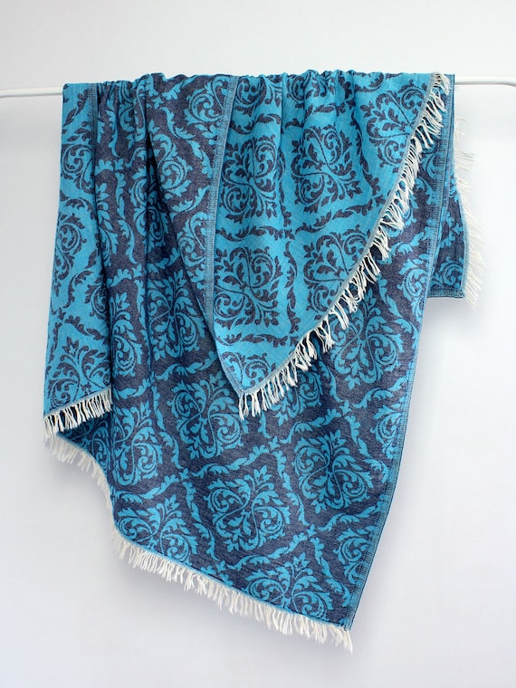 Blue Towel Throw Indigo Beach Blanket Damask Pattern Natural Etsy