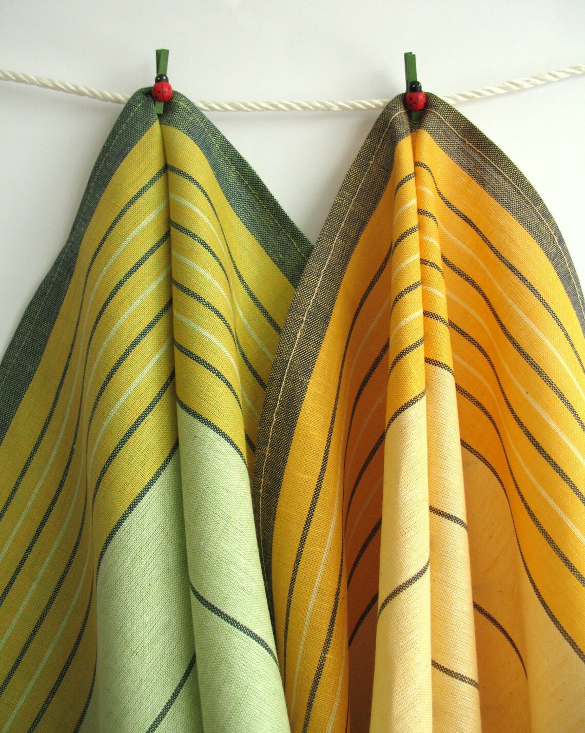 2 Organic Linen Tea Towels. Yellow & Green Striped Kitchen Etsy