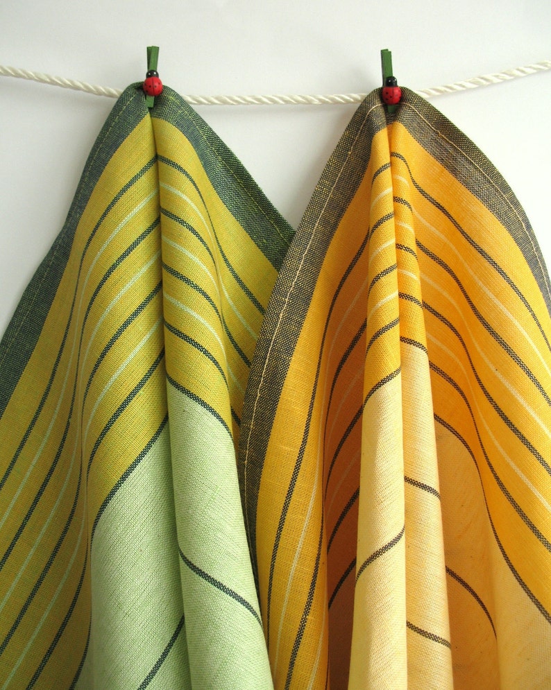2 Organic Linen Tea Towels. Yellow & Green Striped Kitchen Etsy