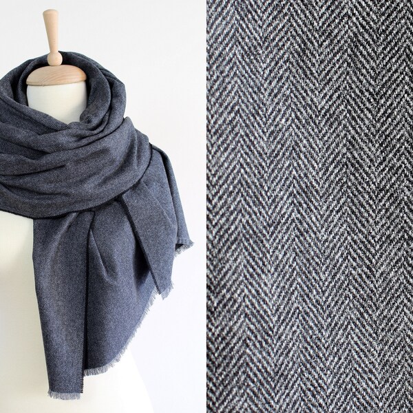 Grey Herringbone Wool Scarf, Men's Blanket Scarf, Soft Cashmere Wool Shawl, Women's Oversized Scarves, Big Merino Scarf, Large Winter Scarf