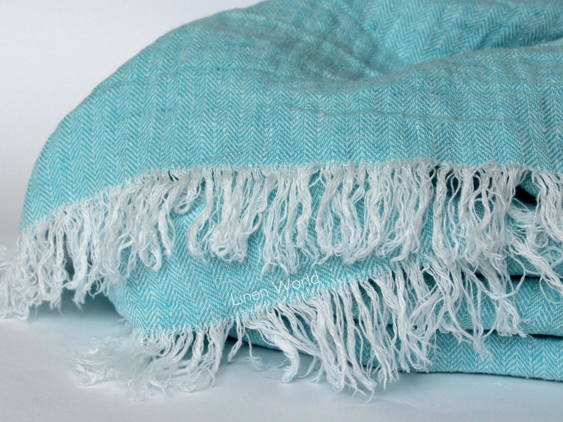 Large Linen Throw Blanket. Blue Herringbone Pure Linen Etsy