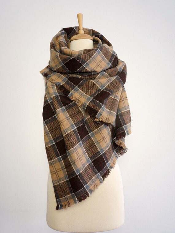 Classic Brown Blue Plaid Style Winter Scarf Perfect Valentine's Day Gift  For Men