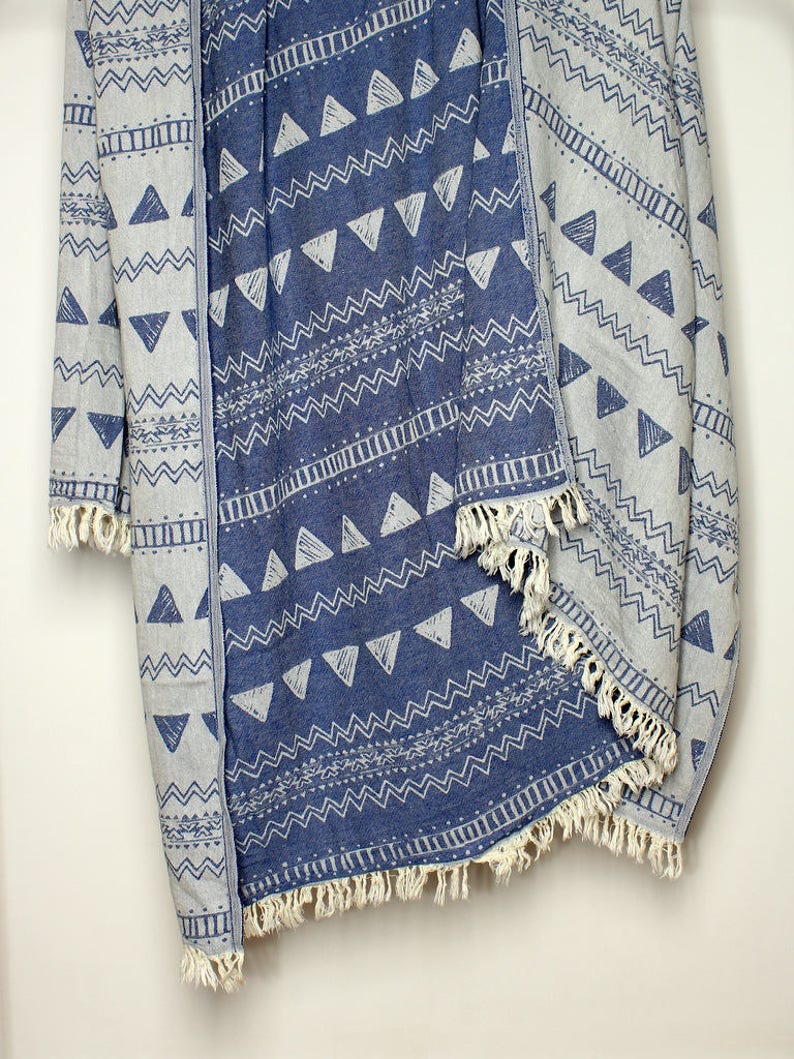 Blue Geometric Beach Blanket Towel Bohemian Beach Throw Etsy