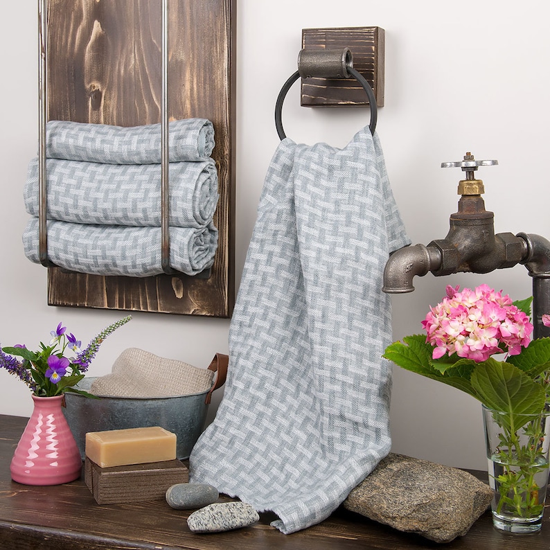 Pure Linen Bath Towel Grey Patterned 100 Linen Bathroom Face Etsy