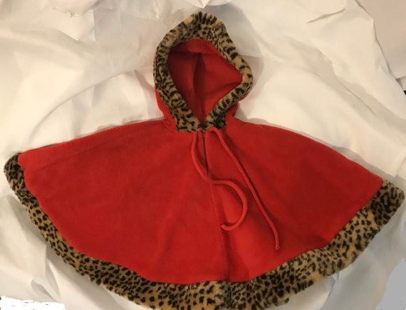 Vintage Girls Red Hooded Cape with Faux Leopard Tr