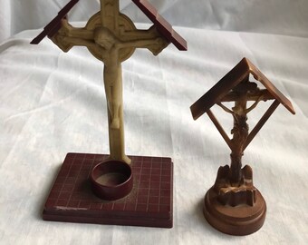 Two Vintage Mid Century Modern Hard Plastic Crosses Candle Holder Crucifix Figurine