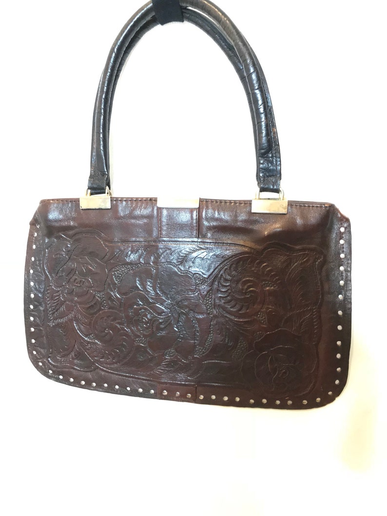Vintage 1970s Rich Brown Leather Tooled Handbag Purse Flowers - Etsy