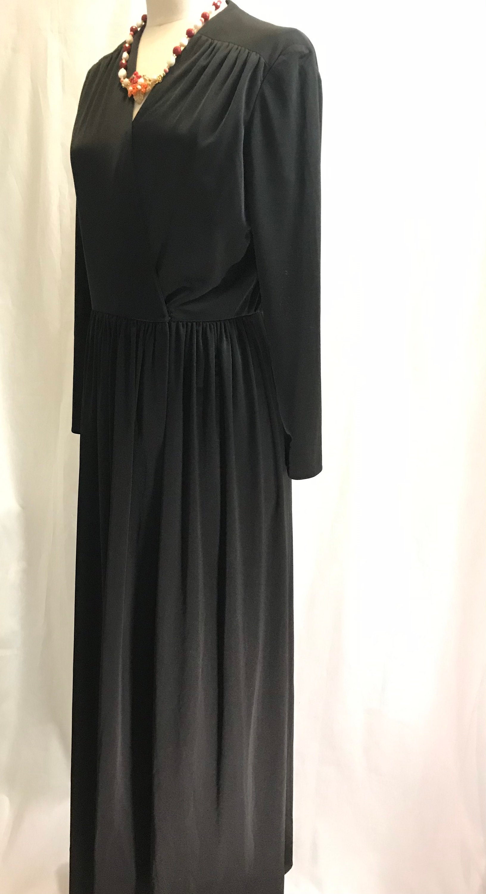 60s -70s Jewelry – Necklaces, Earrings, Rings, Bracelets Vintage Evelyn Byrnes New York Long Black Gown Wrap Dress M L $139.99 AT vintagedancer.com