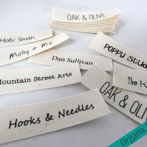 Personalized Name Labels, branding labels, Text only personalized Labels Organic Cotton-Sew in labels, Do not send a graphic or logo